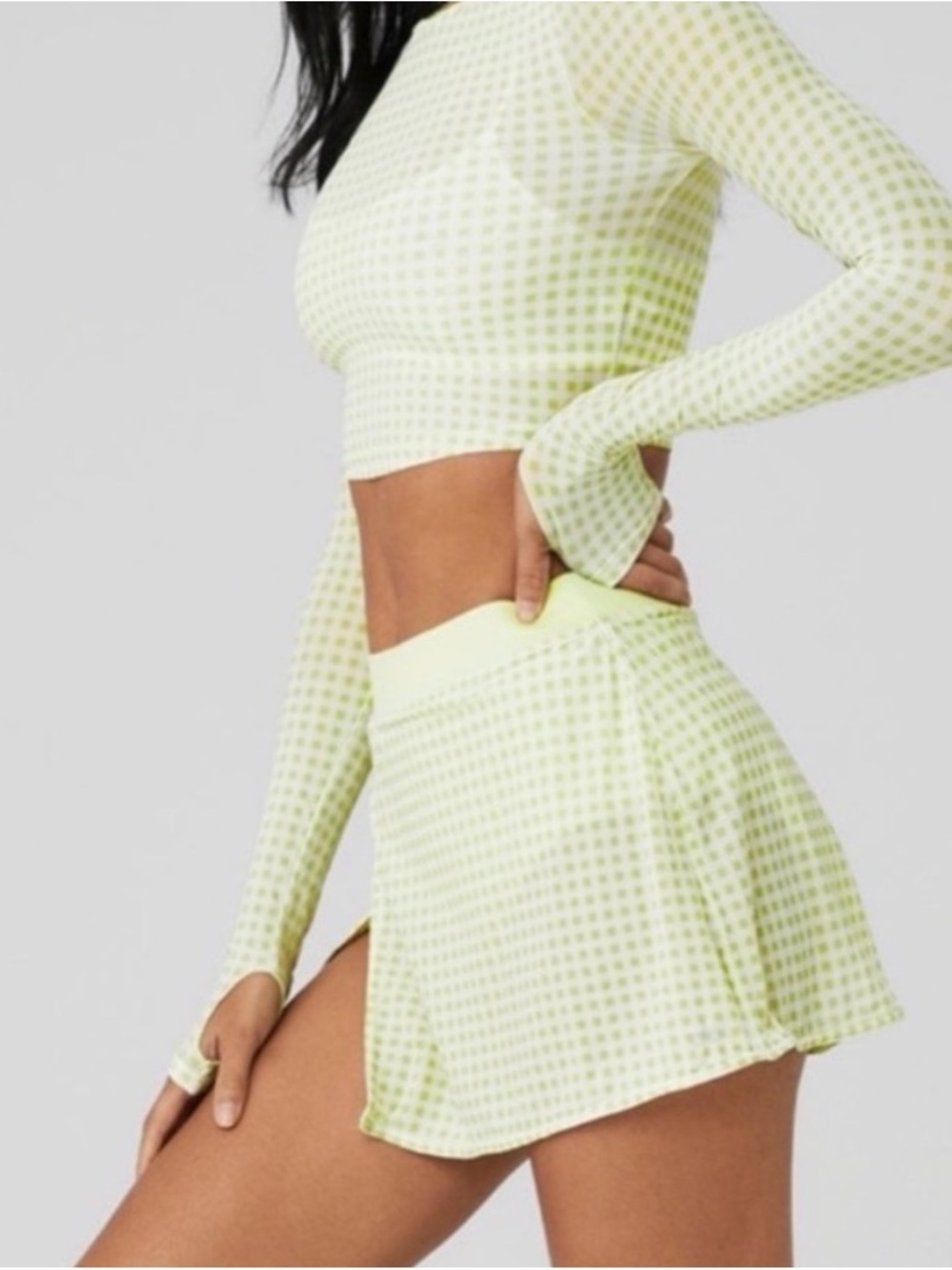 ALO Yoga Lime Green Gingham Long-Sleeve Cropped Top - Picture 3 of 5